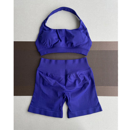 2 Pieces Yoga Gym Set Women Seamless Strappy Yoga Bra High Waist Workout Scrunch Shorts Sports Set Fitness Clothes Sportswear