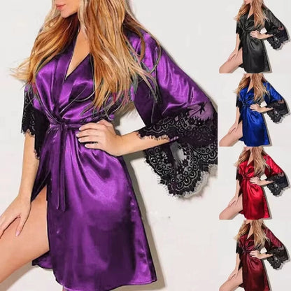 Women Night Gown Robe with G String Floral Lace Bathrobe Halt Sleeve Nightdress Female French Sexy Silky Satin Sleepwear