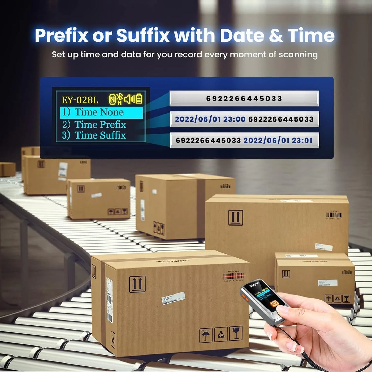 Scanner de codes-barres EYOYO Bluetooth QR 2D 1D avec écran LED, lecteur de codes-barres laser sans fil pour paiements mobiles iOS, Android et Windows.