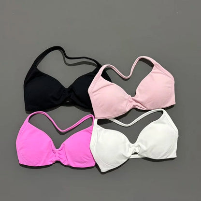HISTELLO Strappy Bra Gym Top Women High Support Thin Strap Halter Sports Seamless Bras Scrunch Push-up Workout Yoga Tank Tops
