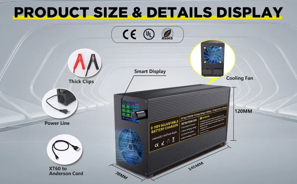 0-100V25A Lifepo4 Charger 24V48V64V72V Fast Charger Lithium Battery Charger 14.6V 100A 60A Battery Adapter Adjustable voltage