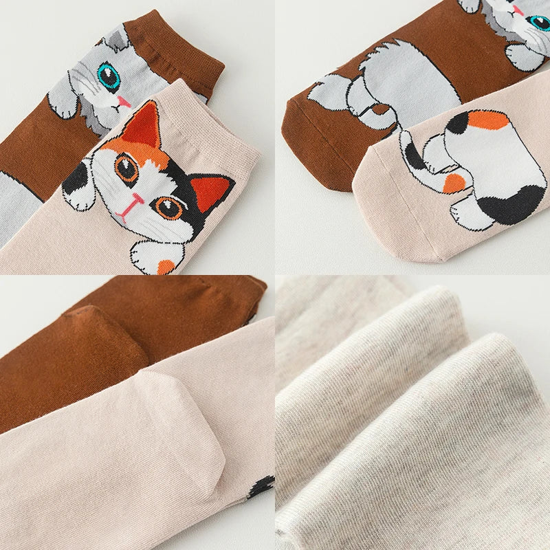 1/5 Pairs New Arrivals Women Socks Cartoon Animal Cat Spring Autumn Kawaii Comfortable School Girls Female Casual Funny Socks