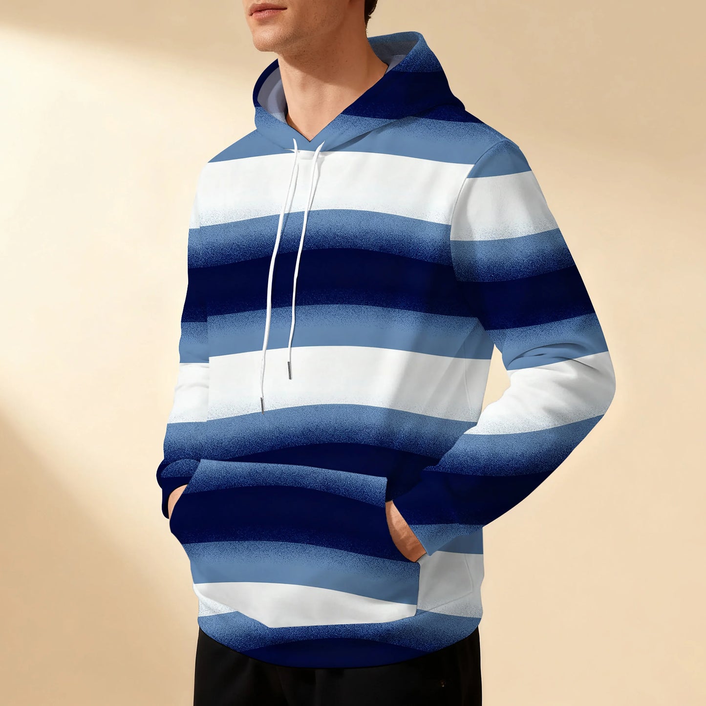Sweat-shirt à capuche rayé pour homme avec cordon de serrage, sportif, décontracté, élégant, polyvalent et confortable, parfait pour les trajets quotidiens.