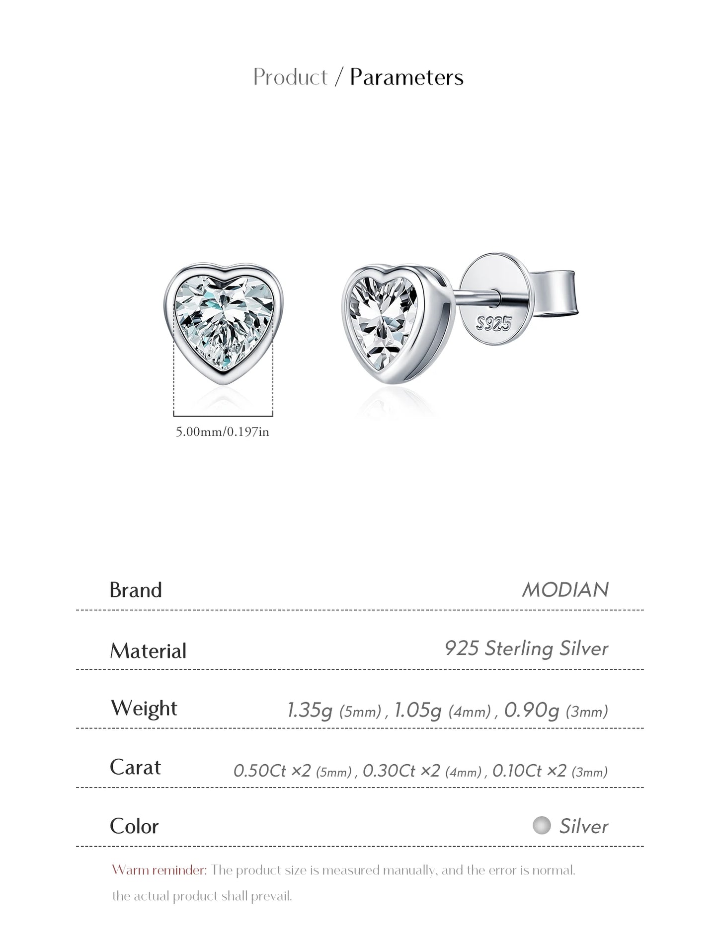 Boucles d'oreilles MODIAN en argent sterling 925, ornées de moissanites en forme de cœur et disponibles en 3 tailles. Bijoux fins et tendance pour femmes.