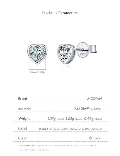 Boucles d'oreilles MODIAN en argent sterling 925, ornées de moissanites en forme de cœur et disponibles en 3 tailles. Bijoux fins et tendance pour femmes.