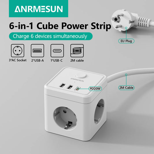 1 6-in-1 EU Power Strip Fast Charging PD20 W Surge Protector 2m Extension Cord 3 AC Outlets 2 USB A and 1 Type-C Tabletop Socket