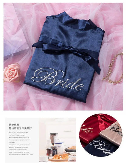 Bride Bridesmaid Wedding Robe Embroidery Kimono Bathrobe Gown Nightgown Casual Satin Short Women Sexy Nightwear Sleepwear