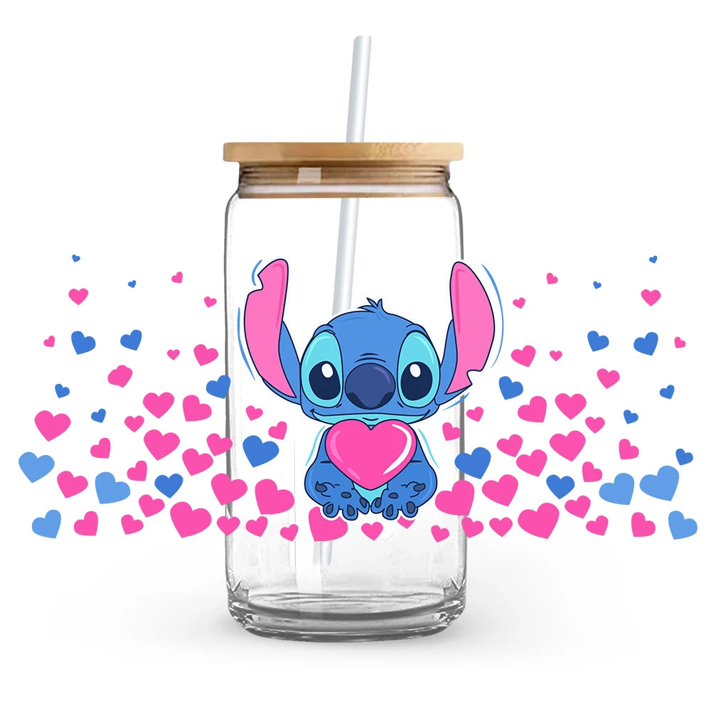Valentine's Day cartoon Mickey Minnie Stitch Love 16oz Glass Cup UV DTF Transfer Film High-Quality Wraps Transfer Decals