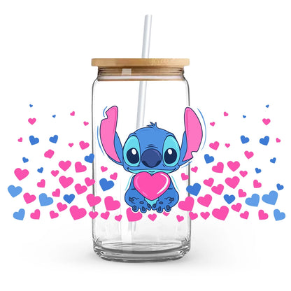 Valentine's Day cartoon Mickey Minnie Stitch Love 16oz Glass Cup UV DTF Transfer Film High-Quality Wraps Transfer Decals