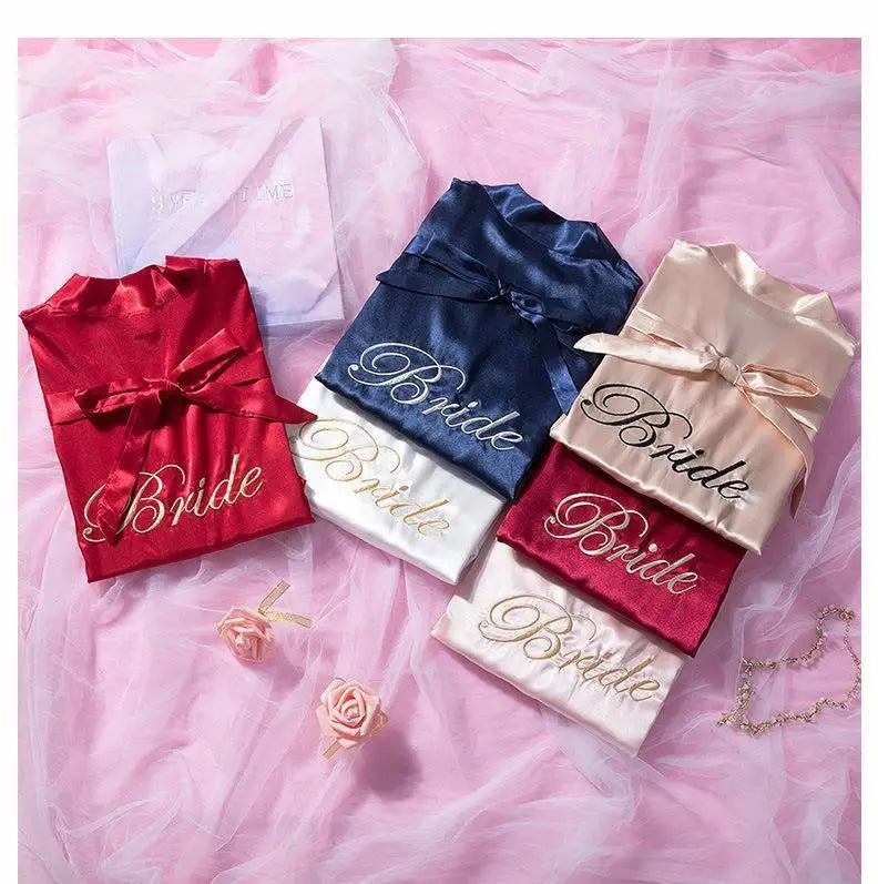 Bride Bridesmaid Wedding Robe Embroidery Kimono Bathrobe Gown Nightgown Casual Satin Short Women Sexy Nightwear Sleepwear