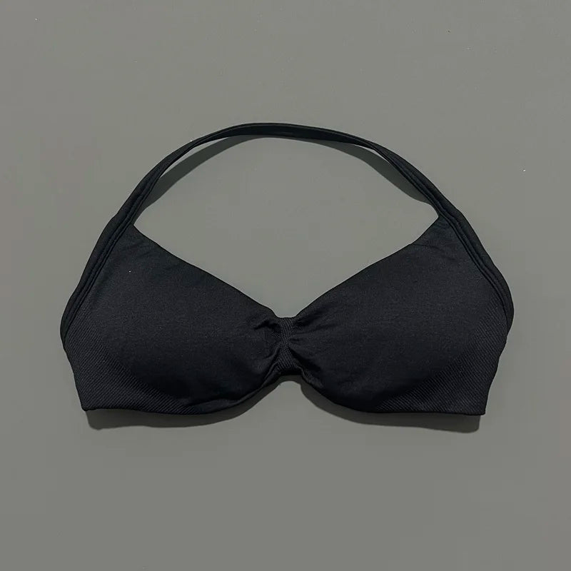 HISTELLO Strappy Bra Gym Top Women High Support Thin Strap Halter Sports Seamless Bras Scrunch Push-up Workout Yoga Tank Tops