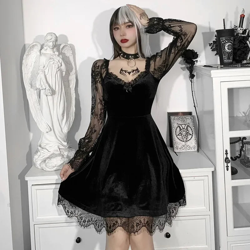 Robe Gothique en Velours et Dentelle pour Femme, Bretelles Spaghetti, Punk, Mini Cami, Costume de ixCosplay