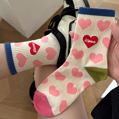5 Pairs Dopamine Sweet Heart Striped Women Mid Tube Socks Fashionable Korean College Style Comfortable All Season Casual Socks