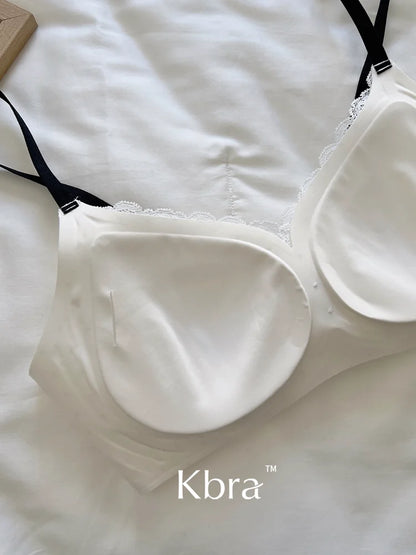 Lace Contrast Floral Print Lingerie for Women, Small Chest Gathering, Seamless and Underwire Bra