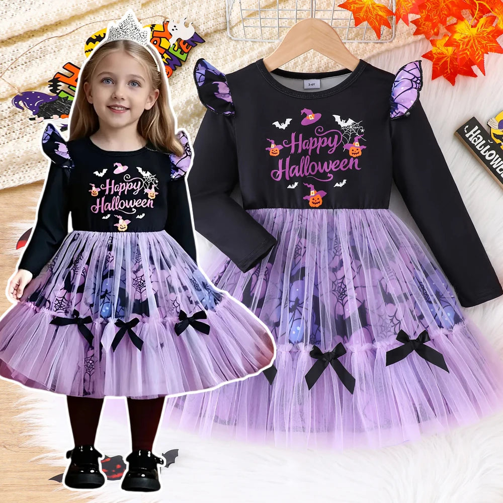 Prowow 2-8Y Kids Purple Halloween Dresses For Girls Long Sleeve Princess Mesh Spooky Spider Dress Children Halloween Costumes