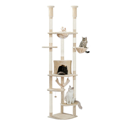 Floor to Ceiling Cat Tree Adjustable Cat Tower Tall Kitty Climbing Play House with Scratching Posts Cozy Condo Perches Hammock