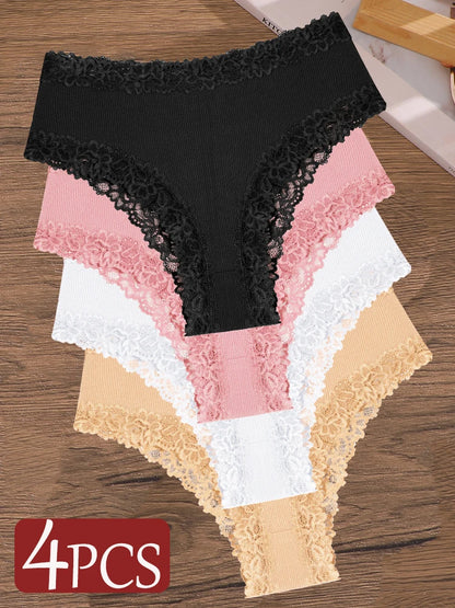 4Pcs/Set Seamless Cotton Brazilian Pants For Women Elastic High Waist Breathable Underpants Ladies Lace Panties Sexy Lingerie