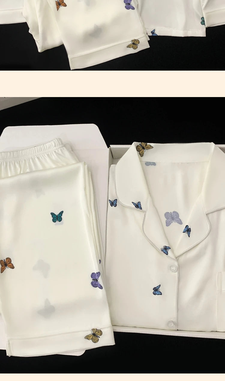 French Elegant Romantic Butterfly Print Women Pajamas Simple Ins Literary Aesthetics Sleepwear 2024 Fall Winter New Y2k Lounges