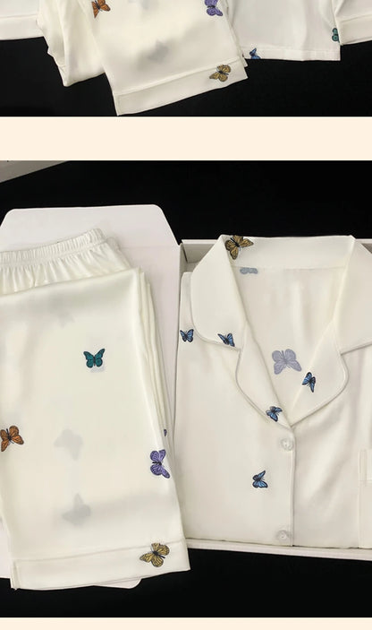 French Elegant Romantic Butterfly Print Women Pajamas Simple Ins Literary Aesthetics Sleepwear 2024 Fall Winter New Y2k Lounges