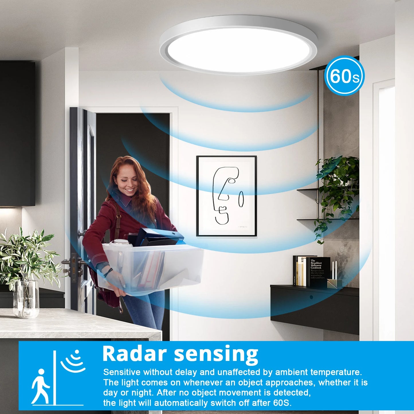 Oeegoo 24W LED Ceiling Light with Radar Motion Sensor, 2400 LM LED Lamp with Motion Sensor Indoor Round, 4000K, φ30CM