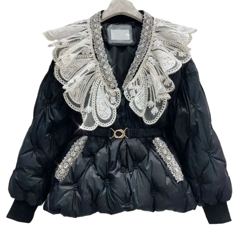 Cotton Padded Women's Coat Winter Parkas Sweet Heavy Industry Water Diamond Doll Collar, Waist Cinching Warm Cotton Clothing