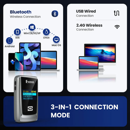 Scanner de codes-barres EYOYO Bluetooth QR 2D 1D avec écran LED, lecteur de codes-barres laser sans fil pour paiements mobiles iOS, Android et Windows.
