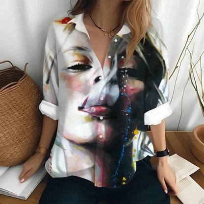Autumn Women's Shirt Fashion Long Sleeve T-shirt Figure Print Loose Button Fashion Top Women's Polo Neck Long Sleeve T-shirt