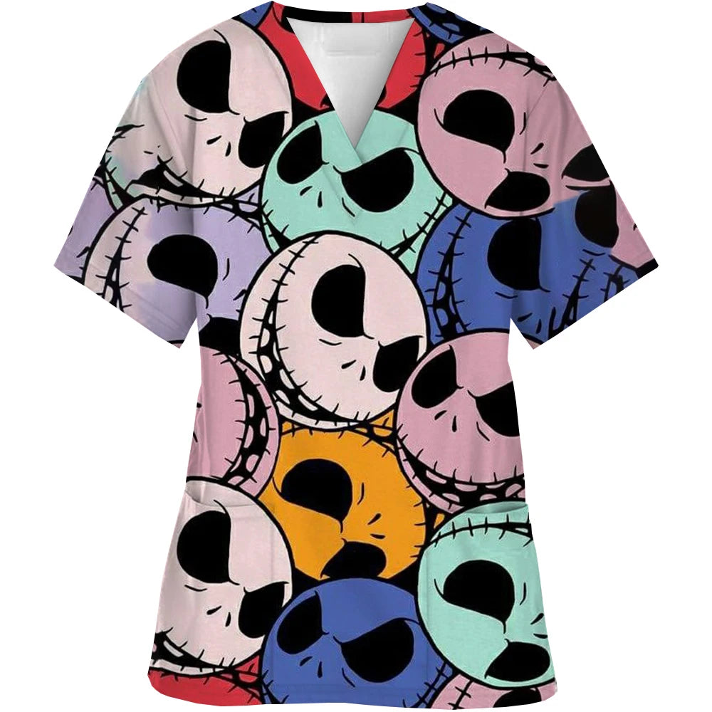 Vêtements de travail à col en V, motif cauchemar de Noël, pour Halloween, chirurgie, grande taille, infirmière, vêtements médicaux, haut mat pour femmes