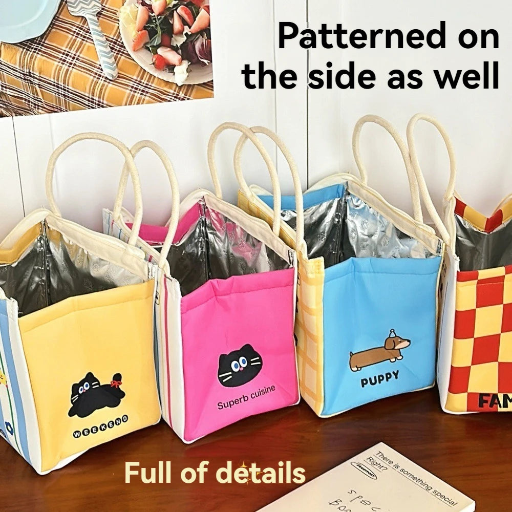 Cute Kitten Lunch Box Bag Student Hand-Held Aluminum Foil Insulated Lunch Box Bag Large Capacity Lunch Box Bag