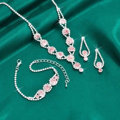 4PCS Fashion Elegant Crystal Jewelry Sets for Women Rhinestones Necklace Ring Earrings Bridal Wedding Party Jewelry Sets