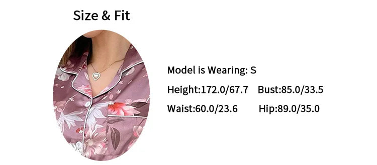 Satin Pajama for Women Flower Print Sleepwear Set Soft Comfort Home Clothes Autumn Short Sleeve Tops & Pants Pyjama Pijama Femme