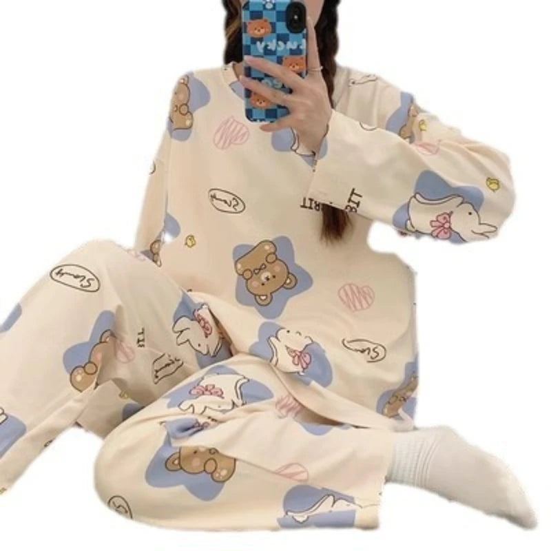 Women's Pajama Set for Spring & Autumn - Long Sleeve & Long Pant, Cute Cartoon Animal Print, Sweet Style for Home & Outdoor Wear