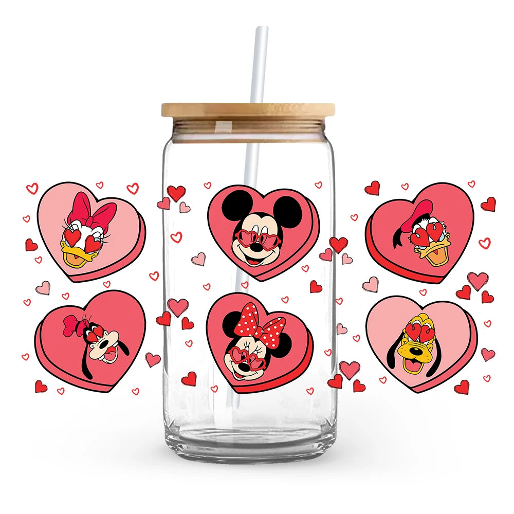 Valentine's Day cartoon Mickey Minnie Stitch Love 16oz Glass Cup UV DTF Transfer Film High-Quality Wraps Transfer Decals