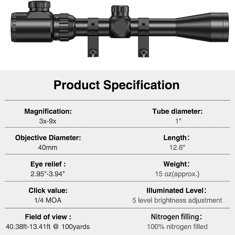 3-9x40 EG Rifle Scopes Hunting Sights Red and Green Light Reticle Tactical Optical Scope Hunting Scopes