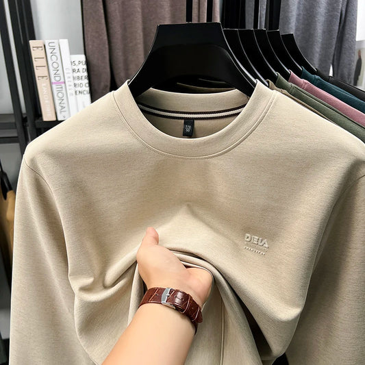 Sweat-shirt homme 2025, nouveau style printemps-automne, t-shirt à manches longues en pur coton, col rond, chemise tendance