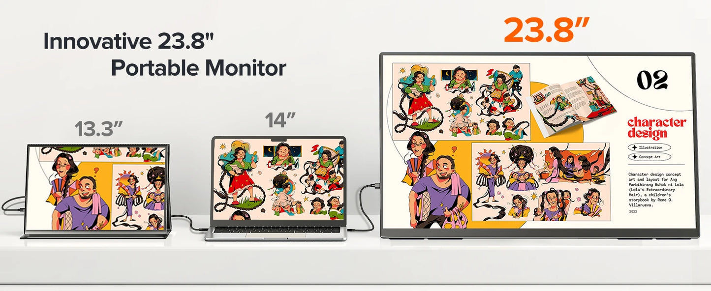 23.8inch Portable Monitor 100HZ 100% SRGB IPS USB-C HDMI Large Work Switch Home Gaming Second Monitor Adjustable Stand Laptops