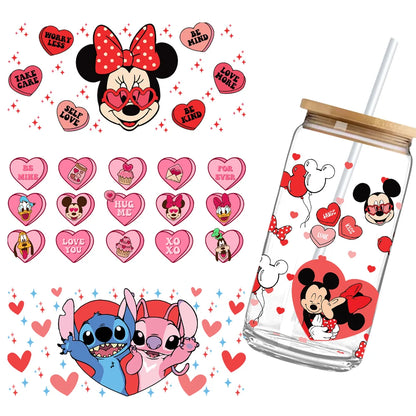 Valentine's Day cartoon Mickey Minnie Stitch Love 16oz Glass Cup UV DTF Transfer Film High-Quality Wraps Transfer Decals