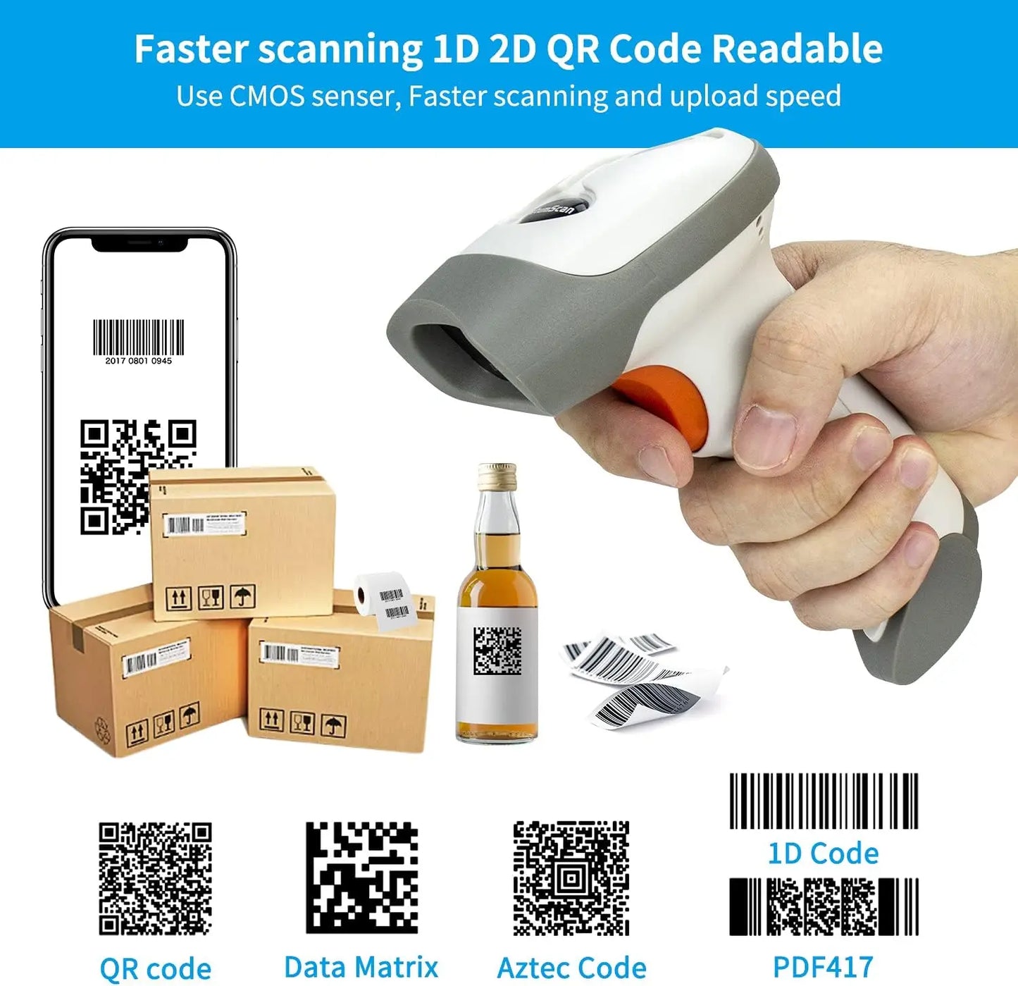 Scanner de codes-barres 2D filaire NETUM L8BL-W et lecteur de codes-barres QR sans fil Bluetooth L8BL-B : détection automatique PDF417 pour la lecture de codes-barres en point de vente.