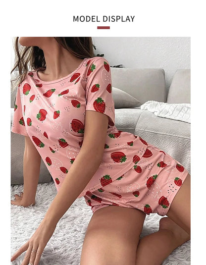 Pajamas Set for Women Breathable Strawberry Print Sleepwear Comfy Short Sleeve Top and Shorts Pyjama Home Loungewear for Ladies