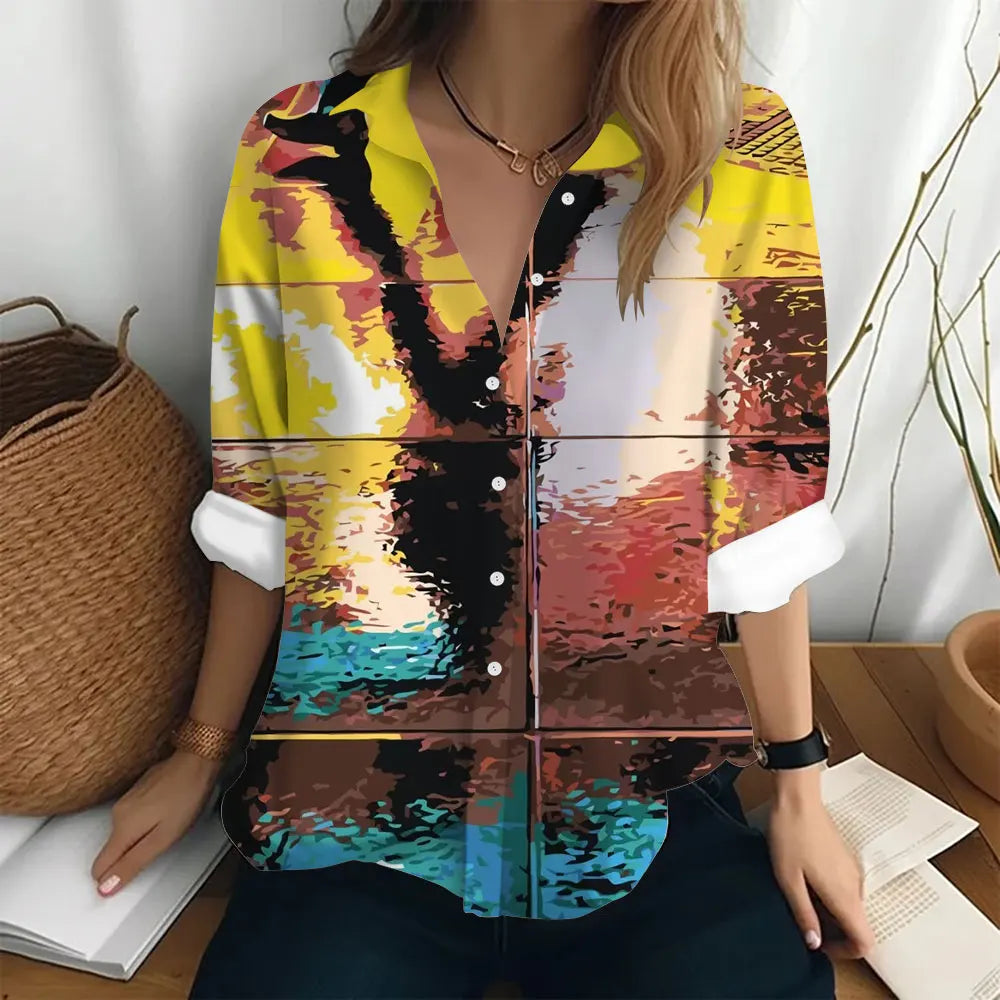 Autumn Women's Shirt Fashion Long Sleeve T-shirt Figure Print Loose Button Fashion Top Women's Polo Neck Long Sleeve T-shirt