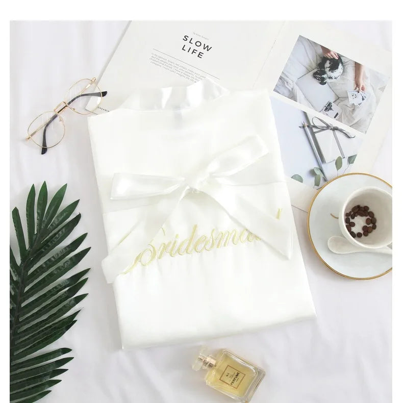 Bride Bridesmaid Wedding Robe Embroidery Kimono Bathrobe Gown Nightgown Casual Satin Short Women Sexy Nightwear Sleepwear