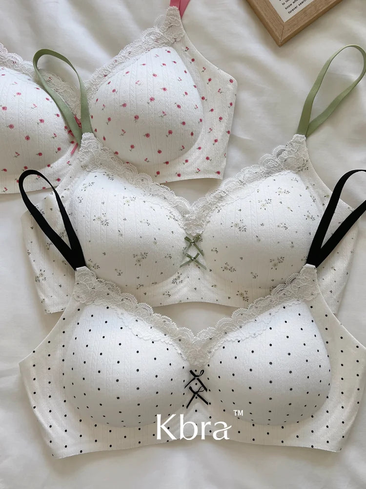Lace Contrast Floral Print Lingerie for Women, Small Chest Gathering, Seamless and Underwire Bra