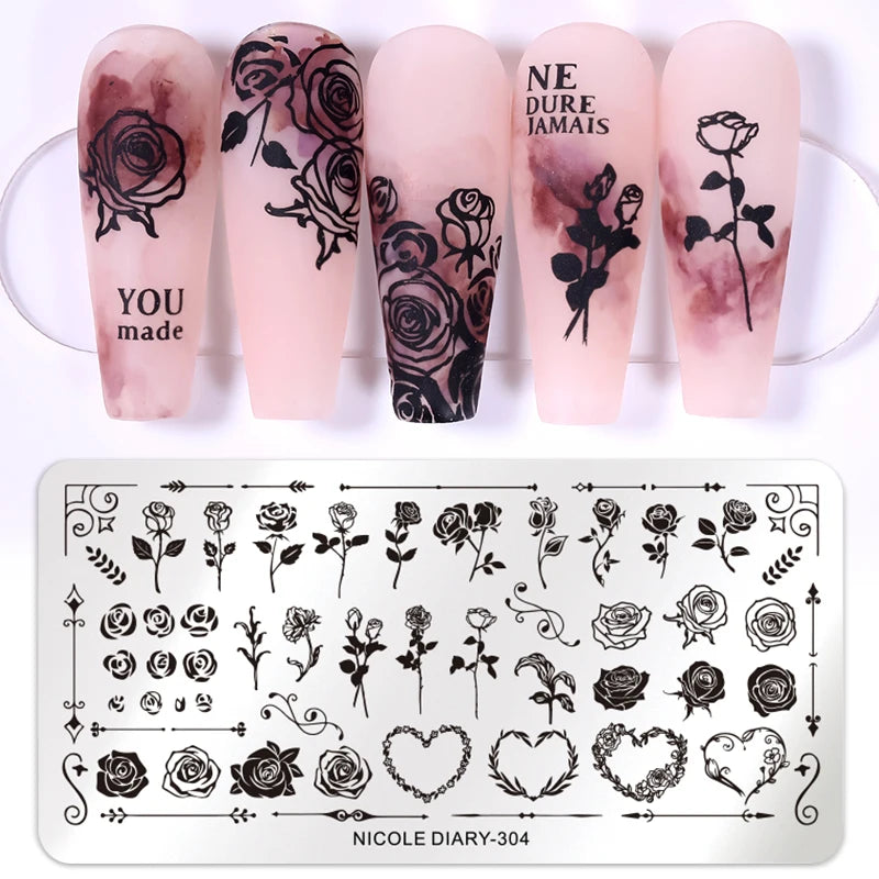 NICOLE DIARY Rose Flower Nail Stamping Plates Image Template Valentine's day Love Heart Printing Stencil Nail Art Manicure Tools
