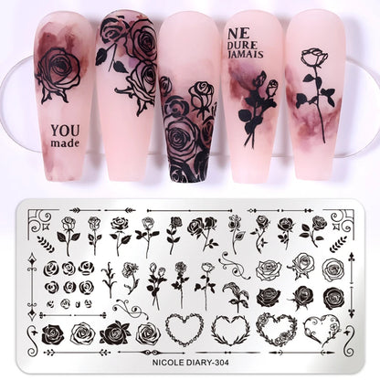 NICOLE DIARY Rose Flower Nail Stamping Plates Image Template Valentine's day Love Heart Printing Stencil Nail Art Manicure Tools