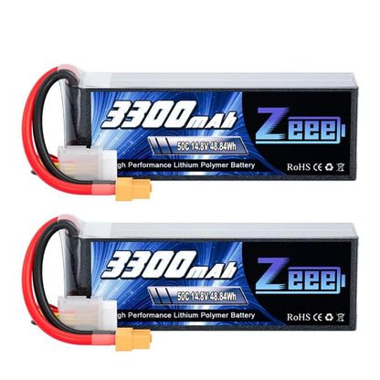 Lot de 2 batteries Zeee 4S Lipo FPV pour drone, 14,8 V, 3300 mAh, 50C, avec étui souple et connecteur XT60, compatibles avec voitures, hélicoptères et camions radiocommandés. Pièces détachées pour modèles réduits radiocommandés.