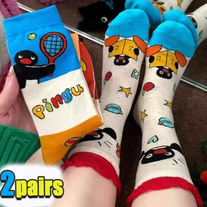 1/2Pairs Autumn and Winter Season Trendy Cartoon Cute Original Versatile Animal Colorful Pattern Simple Penguin Middle Socks