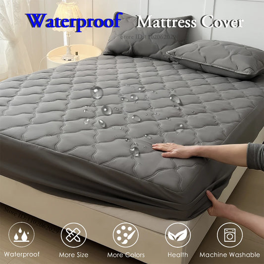 Waterproof Throw Mattress Cover Bed Fitted Sheet Mattress Bedspread Protector Pads Single/Double/King/Queen Full Size Gray/White