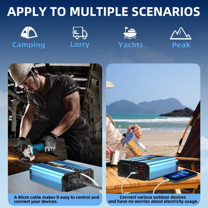 Convertisseur de puissance à onde sinusoïdale pure 3000 W CC 12 V/24 V CA 240 V (prise britannique) - Convertisseur de fréquence 50 Hz pour voiture solaire - Transformateur LED