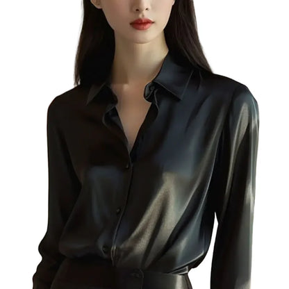 Chemisiers polo unis à col polo pour femmes, printemps-automne, boutonnés, élégants, amples, à manches longues, parfaits pour le bureau, style français. Hauts noirs.