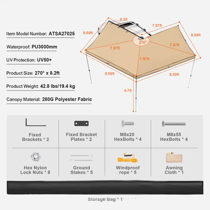 VEVOR Vehicle Awning  Retractable Car Side Awning Car Awning with Waterproof Storage Bag  Suitable for Truck SUV Van Campers